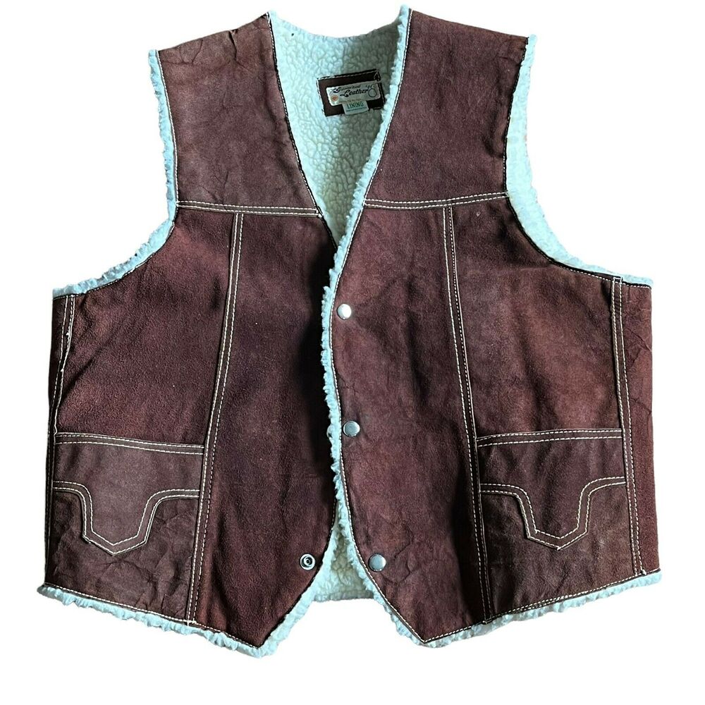Western Vest Jacket Vintage 1970s Mens Brown Suede Faux Shearling Size XXL